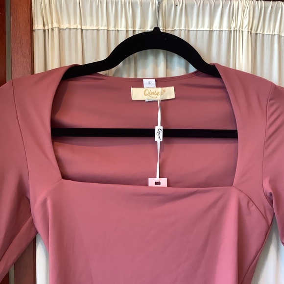 Quinsen Thong Bodysuit Square Neck Dusty Rose Color Size Small - Picture 2 of 7